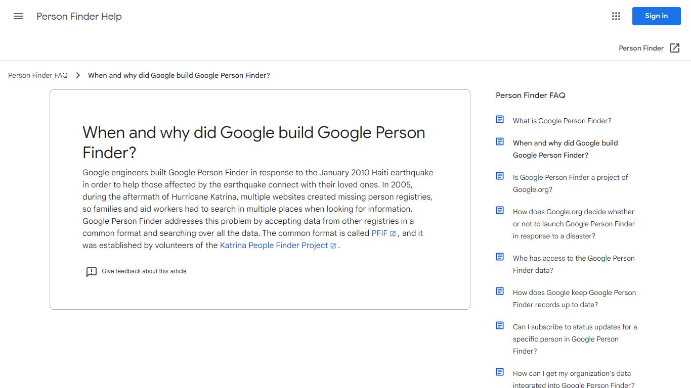 When and why did Google build Google Person Finder?